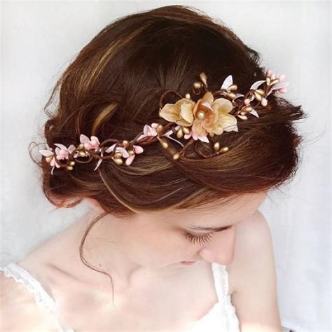 Wedding Hair Accessories Pink Flower Hair Circlet Gold Flower Hair