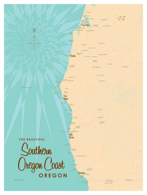 Southern Oregon Coast Oregon Map Vintage Style Art Print By Lakebound
