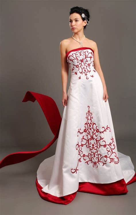 Ivory Satin A Line Wedding Gown With Red Accents Red Wedding Dresses
