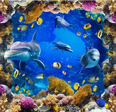 Modern Floor Painting Underwater World 3d Dolphins Coral Floor