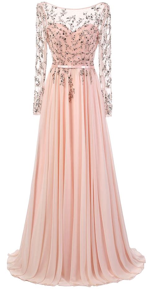 Blush Pink Long Sleeves Floor Length Chiffon Dress Prom Dress