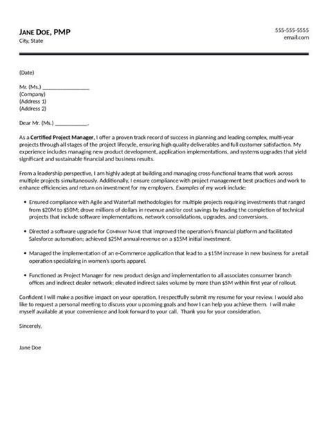 For example, mention your experience addressing and resolving project risks, roadblocks, and obstacles while securing resources to efficiently complete projects on time. cover letter tips format samples project manager sample ...