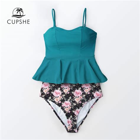 Cupshe Blue And Floral Ruffle Tankini Bikini Sets Women Peplum High