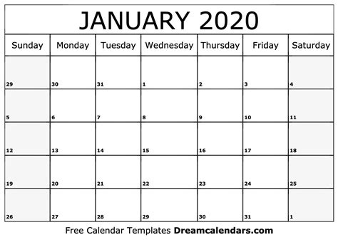 Download Printable January 2020 Calendars