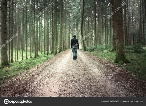 Man Standing Alone Forest Road Mossy Fairytale Woods Landscape — Stock