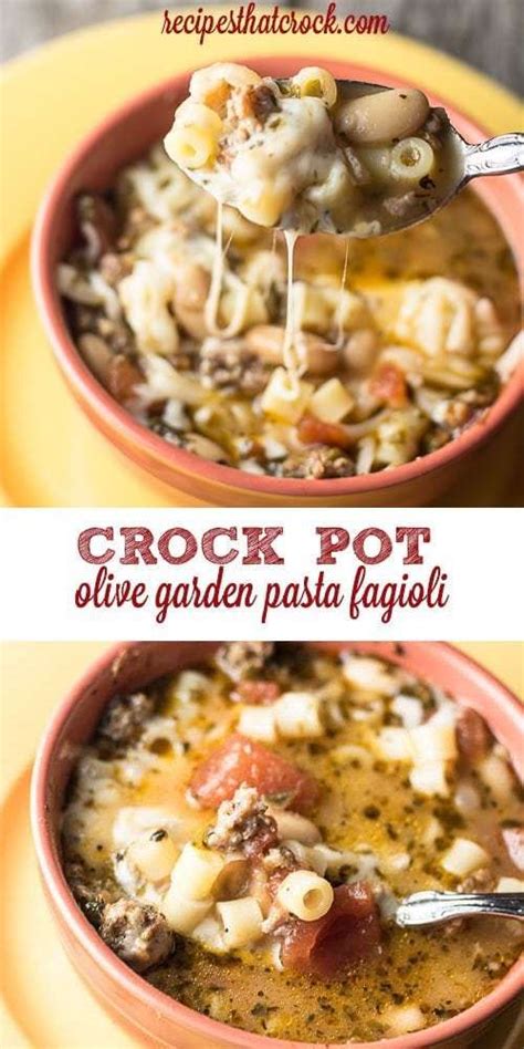 Pasta e fagioli—literally meaning pasta and beans—is a thrifty way to feed your family on a budget with a couple cans of beans, broth, and pasta. Olive Garden Pasta Fagioli Crock Pot Copycat Recipe: Sausage, beans, basil and pasta make for a ...
