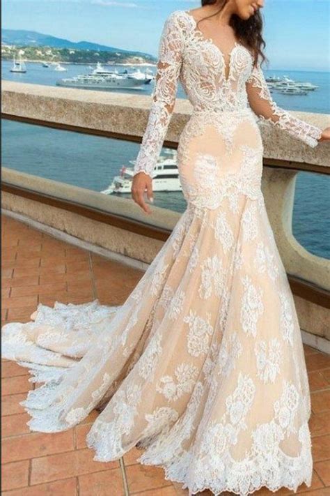 White Lace Mermaid Deep V Neck Backless Long Sleeve Wedding Dress Uk