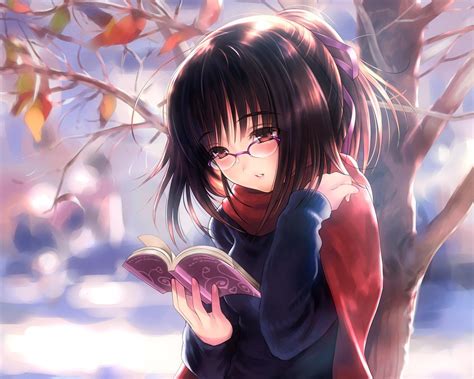 :) question and answer in the anime club. HD Brunettes Trees Leaves Glasses Brown Eyes Books Short Hair Blush Scarfs Anime Girls High ...