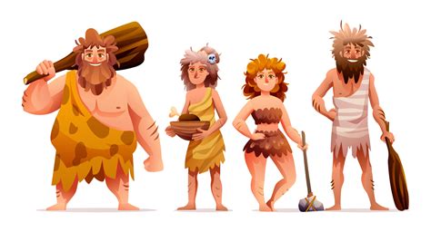 Primitive People Characters Prehistoric Stone Age Caveman Set Cartoon