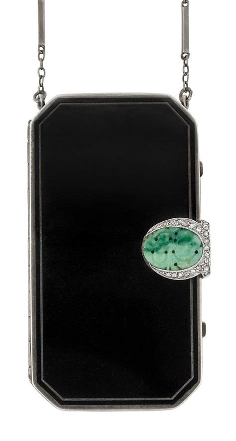 art deco silver platinum black enamel carved jade and diamond vanity with carrying chain 2