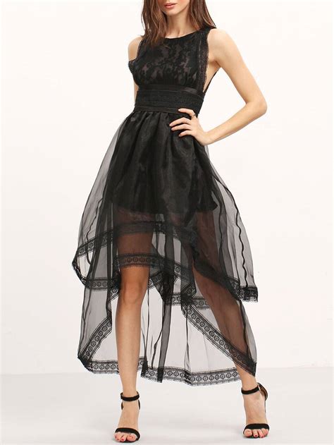 Black Sleeveless Lace High Low Dress Sheinsheinside