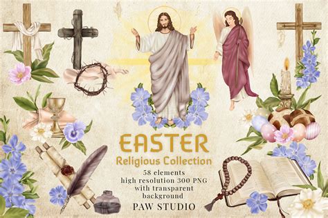 Religious Easter Clipart Jesus Risen Cross Spring Flowers By Paw Studio