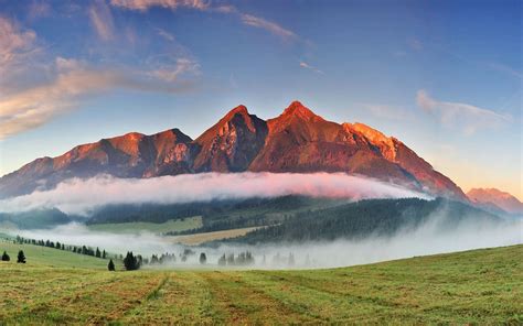 Photography Nature Landscape Mountains Sunset Mist Forest Field