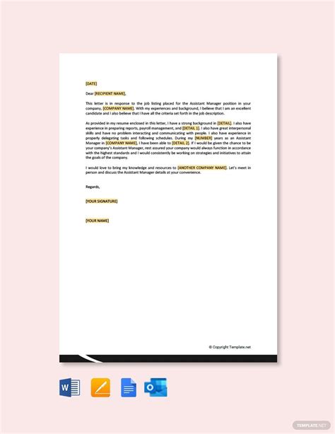 When written well, this letter explains to the reader why they. FREE Job Application Letter for Assistance Manager Template - Word | Google Docs | Apple Pages ...
