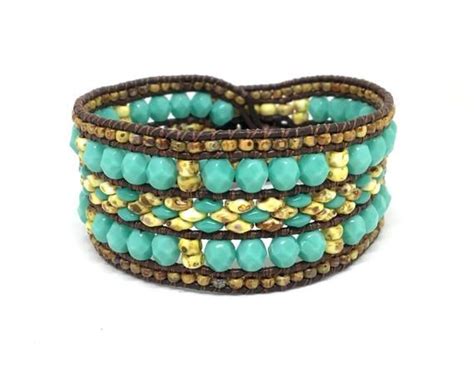Turquoise And Picasso Beaded Leather Cuff Row Cuff Etsy Espa A