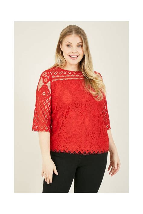 Red Plus Size Lace Top Yumi