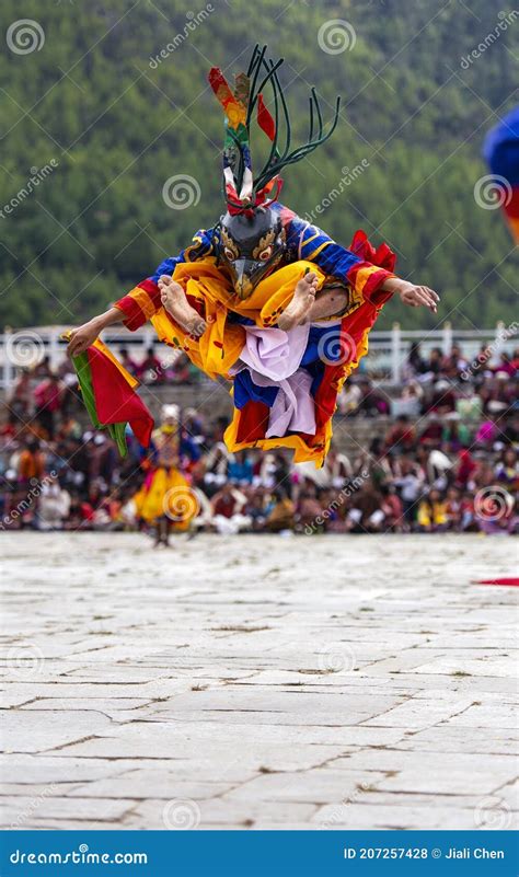 Bhutanese Cham Masked Dance Bird Mask Dancer Leap Into The Air