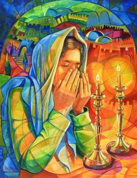 Abstract Jewish Painting Woman Lighting Shabbat Candles In Jerusalem