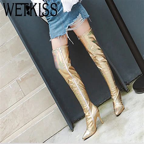 Wetkiss Patent Pu Women Boots Pointed Toe Footwear High Heels Female Boot Over The Knee Party