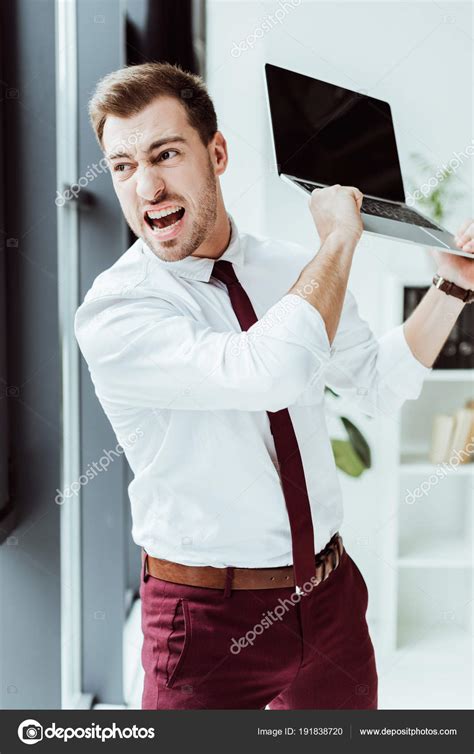 Aggressive Businessman Yelling Throwing Laptop Office — Stock Photo