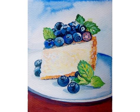 Cheesecake Painting Original Small Art Dessert Blueberies Etsy Pittura Alimenti Dipingere