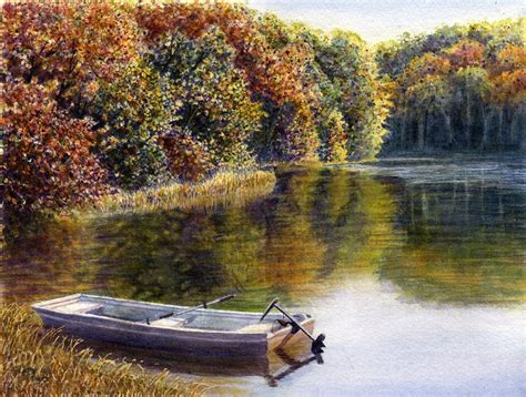 Autumn Lake Fishing Boat Watercolor Painting Print By Cathy Etsy