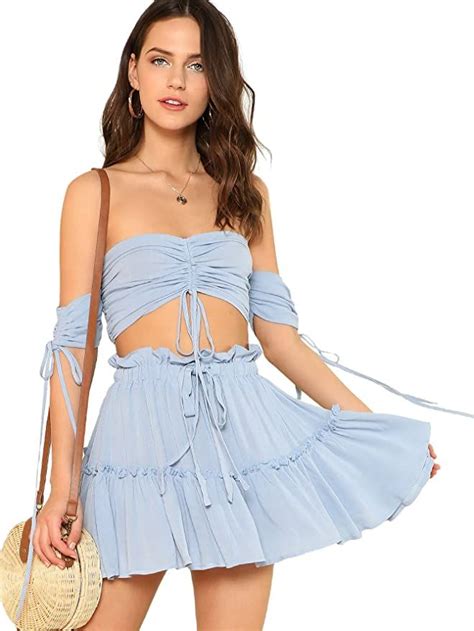 Floerns Women S Two Piece Outfit Off Shoulder Drawstring Crop Top And Skirt Set Short Skirts