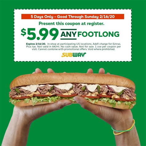 Subway Score Any Footlong For 599 Just Present This Facebook