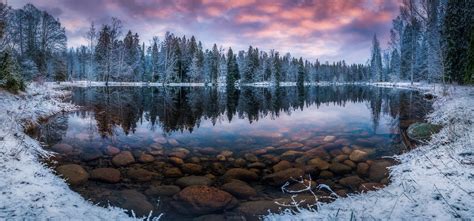 Nature Landscape Winter Sunrise Lake Forest Snow Morning Trees Finland