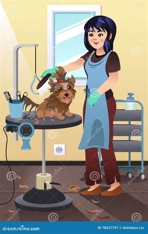 Pet Groomer Grooming A Dog At The Salon Stock Vector Illustration Of