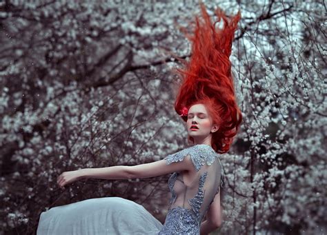 Beauty Model Redhead Spring Woman Blossom Girl Flower White