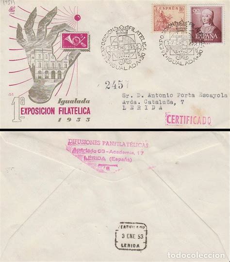 Año 1953igualada Primera Exposicion Filatelic Comprar Sobres Primer