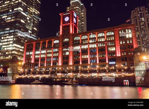 Chicago Il Circa Night Time Exterior Establishing Shot Of Red