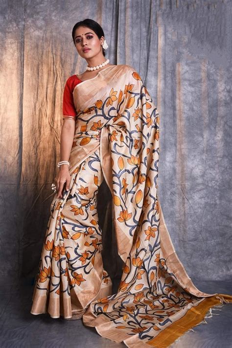 Zari Tussar Saree Kalamkari Handpainted Handwoven Pure Tussar Silk