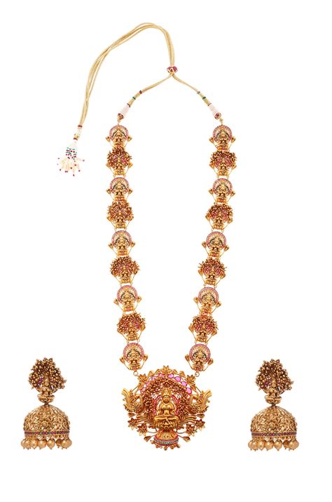 gold plated south indian lakshmi temple work long necklace set etsy