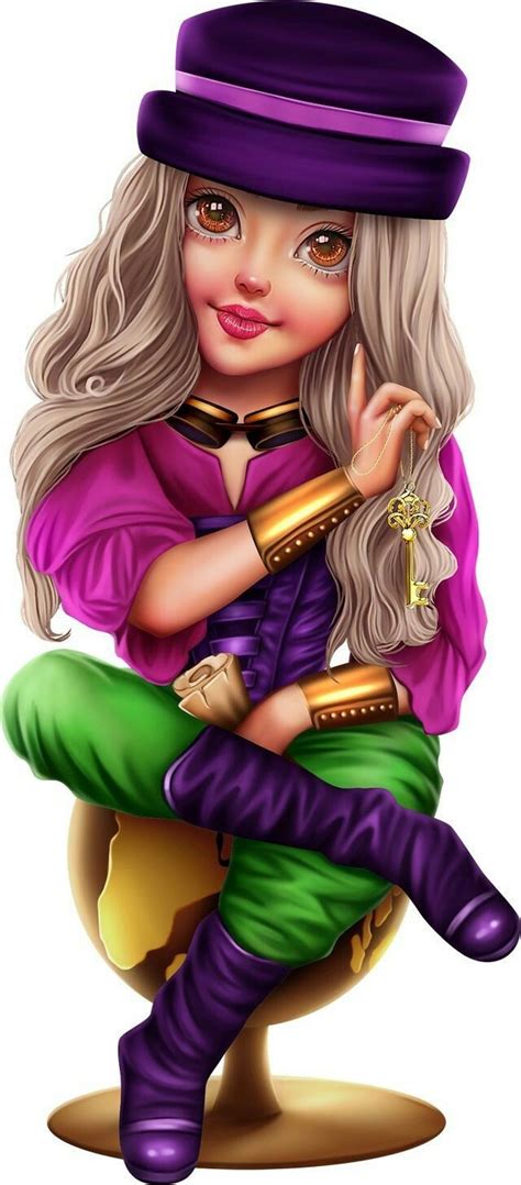 A Drawing Of A Woman With Long Blonde Hair Wearing A Purple Hat And Green Pants