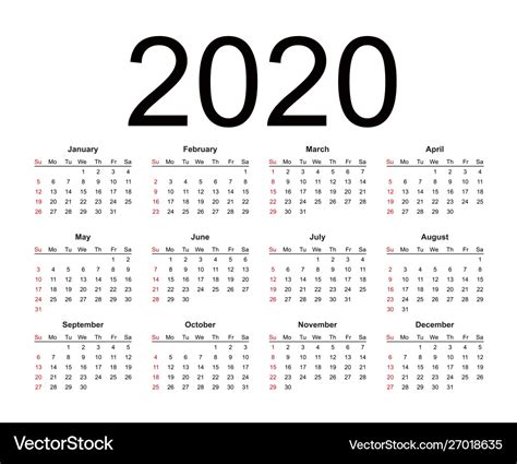 Calendar 2020 Year Simple Style Royalty Free Vector Image