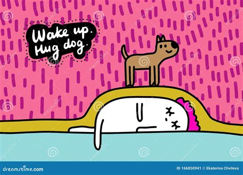 Wake Up Hug Dog Hand Drawn Vector Illustration In Cartoon Comic Style