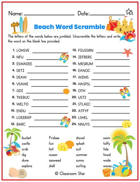 Beach Word Scramble Worksheet Classroom Star Worksheets