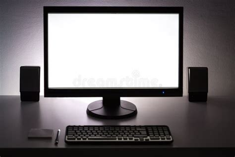 Blank White Pc Monitor On Desktop Stock Photo Image Of Interior
