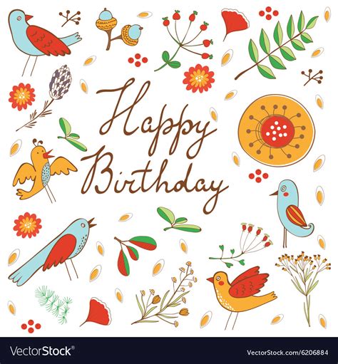 Happy Birthday Card With Flowers And Birds Vector Image