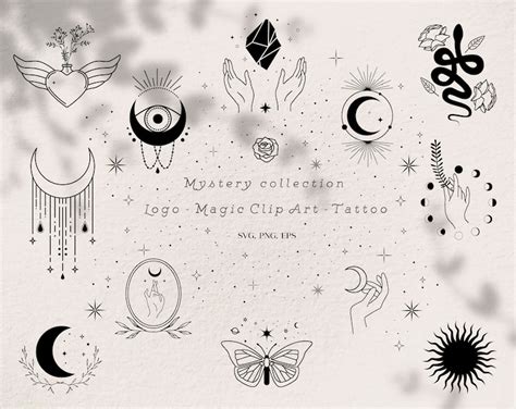 Mystery Collection Moon Phases Witch Boho Clip Art Tattoo Etsy