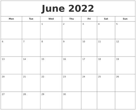 June 2022 Printable Calendar