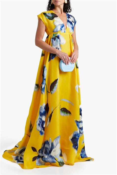 Yellow Sequin Embellished Floral Print Silk Organza Gown Carolina