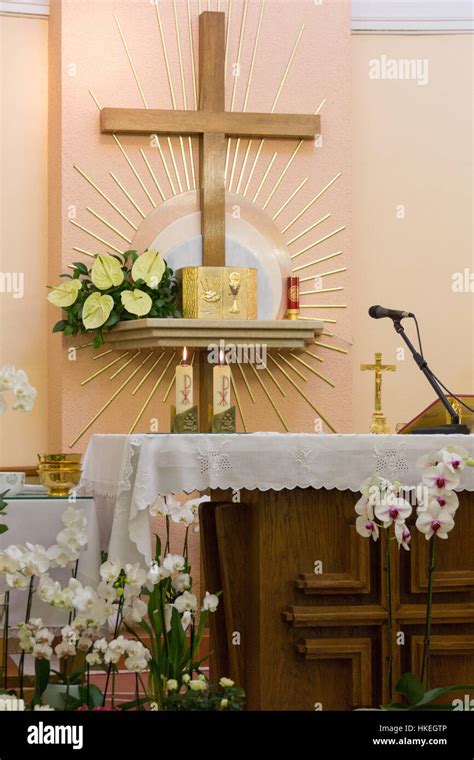 The Altar With Tabernacle And The Cross In The Adoration Chapel Stock