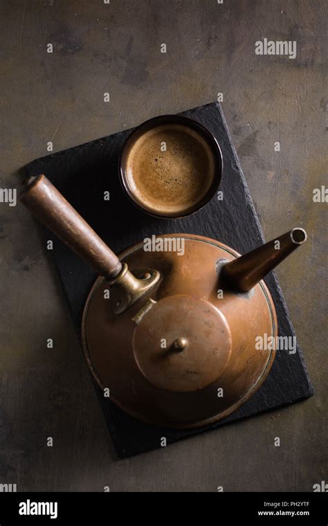 Coffee On Dark Background And Retro Coffee Pot Stock Photo Alamy