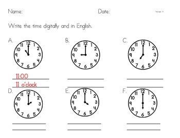 The hours hand is in between 11 and 12, while the minutes hand is 4 ticks beyond the 3. Telling Time - Hour Hand Practice, Analog to Digital and ...