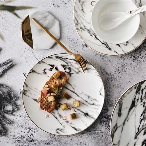 Ceramic Gold Inlay Plates Steak Food Dish Nordic Style Retro Tableware