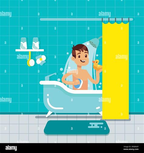 Young Man In Bathroom Home Interior With Shower Bath Vector