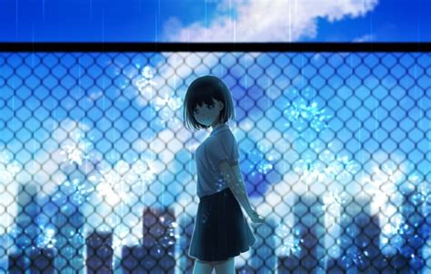 Download 816x2260 Anime Girl Cityscape Fence Clouds Summer Raining